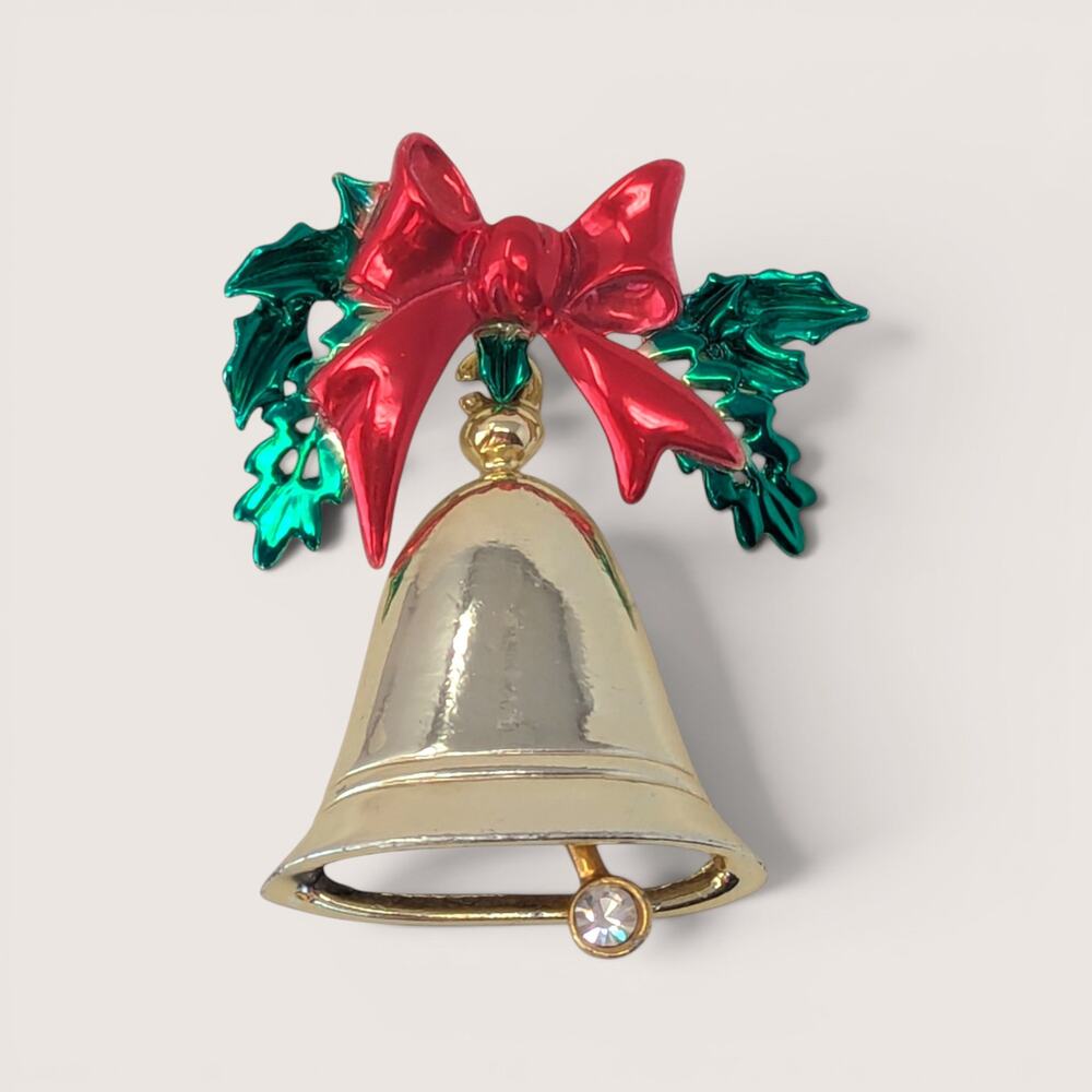 Vintage Gold Tone Christmas Bell Brooch With Red Bow And Holly